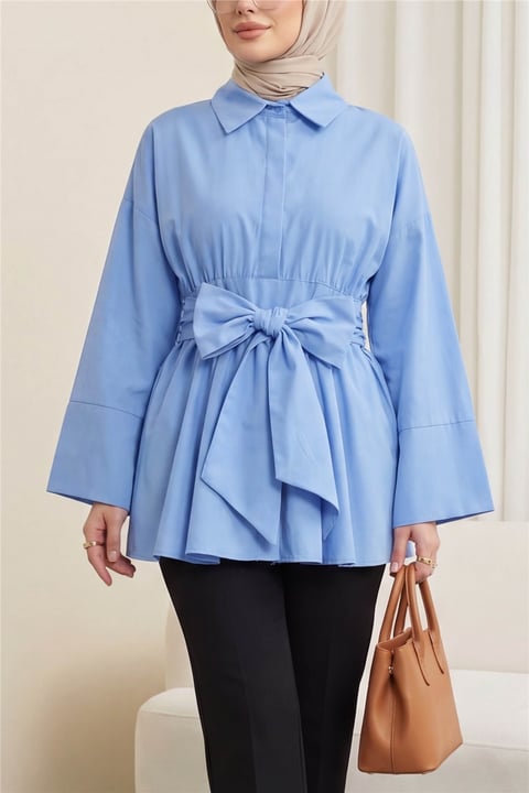 Beli Korsajlı Gizli Patlı Kuşaklı Poplin Tunik -Mavi-Tunik-111-22042-R31