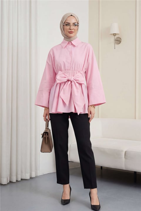 Beli Korsajlı Gizli Patlı Kuşaklı Poplin Tunik -Pembe-Tunik-111-22042-R20
