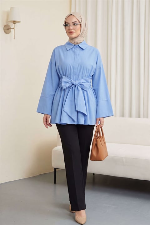 Beli Korsajlı Gizli Patlı Kuşaklı Poplin Tunik -Mavi-Tunik-111-22042-R31