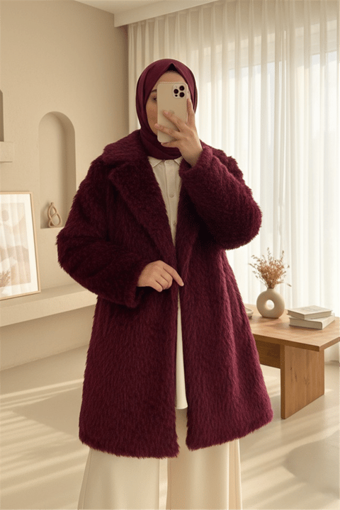 Beli Kuşaklı Cepli Sakallı Kap -Bordo-Trençkot-111-50784-R04