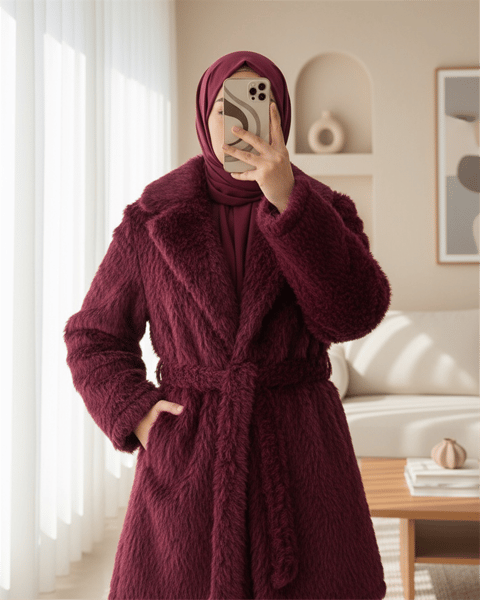 Beli Kuşaklı Cepli Sakallı Kap -Bordo-Trençkot-111-50784-R04