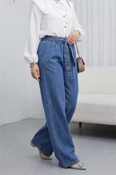Beli Kuşaklı Lastikli Cepli Kot Pantolon  -Mavi-Pantolon-417-16779-R31