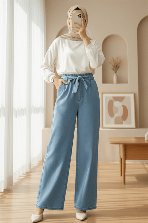 Beli Kuşaklı Lastikli Cepli Kot Pantolon -Buz Mavi-Pantolon-417-16779-R37