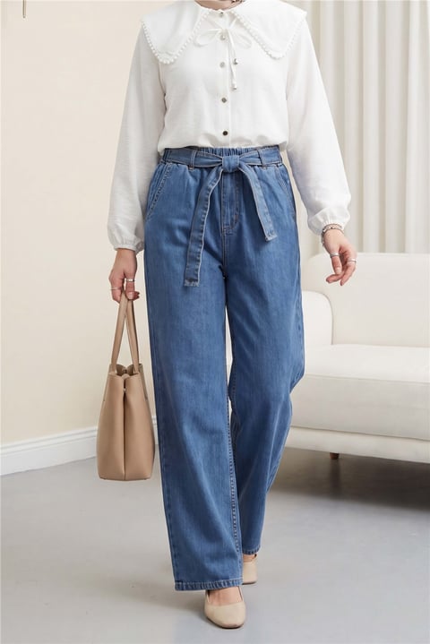 Beli Kuşaklı Lastikli Cepli Kot Pantolon  -Mavi-Pantolon-417-16779-R31