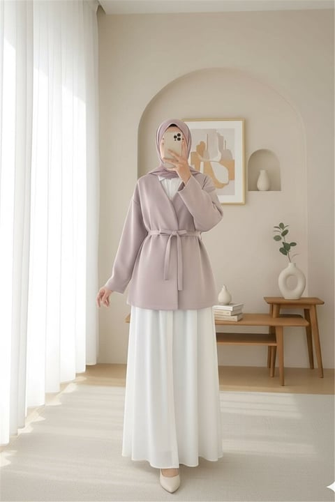 Beli Kuşaklı V Yaka  Scuba Kimono  -Bej-Kimono & Kaftan-120-1626-R56