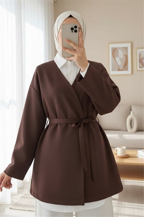 Beli Kuşaklı V Yaka  Scuba Kimono  -Kahve-Kimono & Kaftan-120-1626-R15