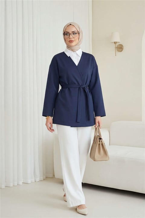 Beli Kuşaklı V Yaka  Scuba Kimono  -Laci-Ceket-120-1626-R03