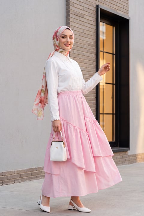 Beli Lastikli Asimetrik Fırfırlı Astarlı Vual Etek -Pembe