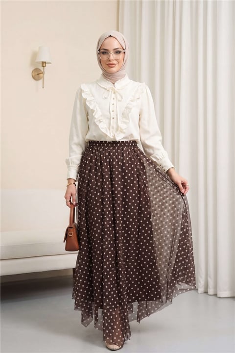 Beli Lastikli Asimetrik Kesim Parçalı Astarlı Şifon Etek -Kahve-Etek-426-5286-R15
