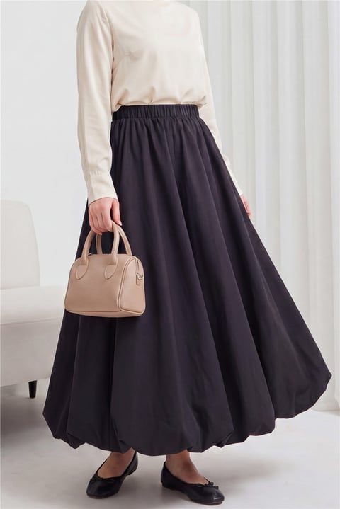 Beli Lastikli Astarlı Poplin Balon Etek -Siyah-Etek-430-5047-R01