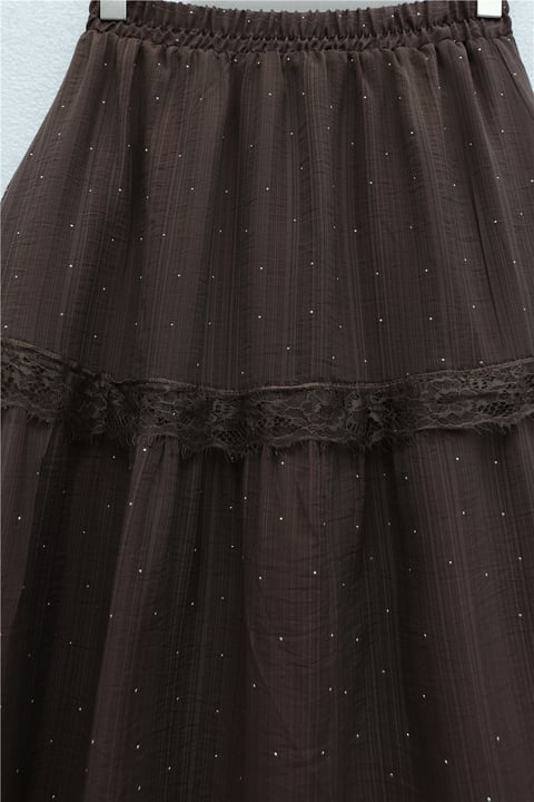 Beli Lastikli Astarlı Taş Ve Dantel Detaylı Vual Etek -Kahverengi-Etek-370-37238-R15