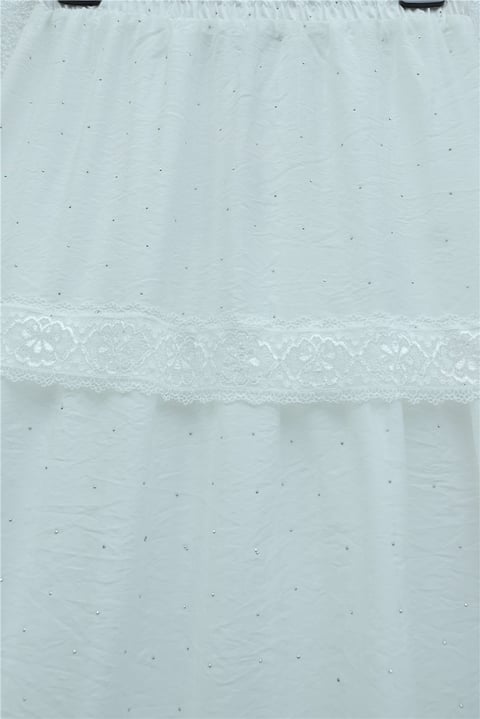 Beli Lastikli Astarlı Taş Ve Dantel Detaylı Vual Etek -Beyaz-Etek-370-37238-R02