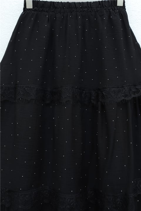 Beli Lastikli Astarlı Taş Ve Dantel Detaylı Vual Etek -Siyah-Etek-370-37238-R01