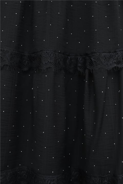 Beli Lastikli Astarlı Taş Ve Dantel Detaylı Vual Etek -Siyah-Etek-370-37238-R01