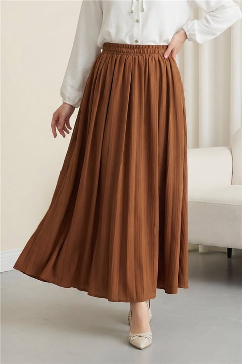 Beli Lastikli Astarlı Uzun Gofre Etek -Taba-Etek-440-3026-R12