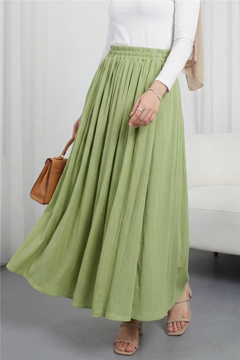 Beli Lastikli Astarlı Uzun Gofre Etek -A.Yeşil-Etek-440-3026-R69