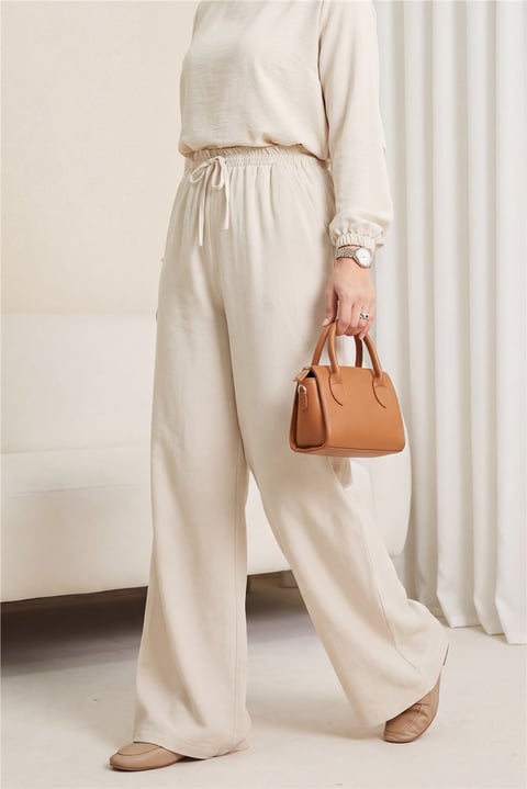 Beli Lastikli Bağcık Detaylı Cepli Bol Paça Tensel Pantolon -Taş-Pantolon-307-2382-R43