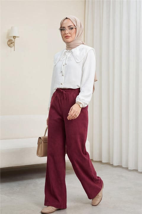 Beli Lastikli Bağcık Detaylı Cepli Bol Paça Tensel Pantolon -Bordo-Pantolon-307-2382-R04