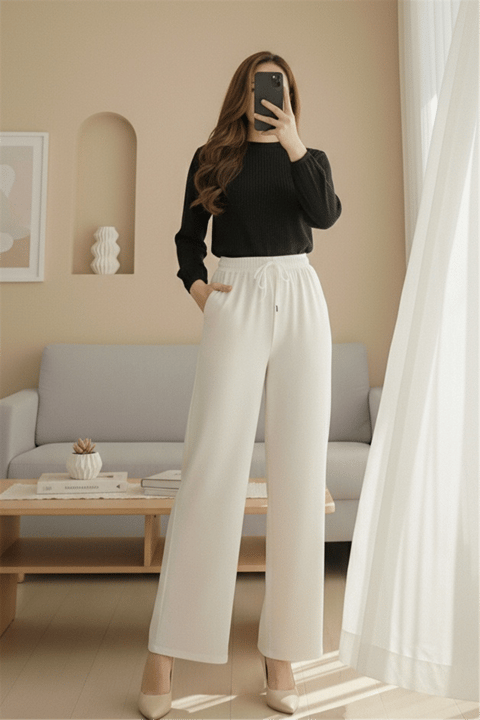 Beli Lastikli Bağcık Detaylı Cepli Bol Paça Tensel Pantolon -Taş-Pantolon-307-2382-R43