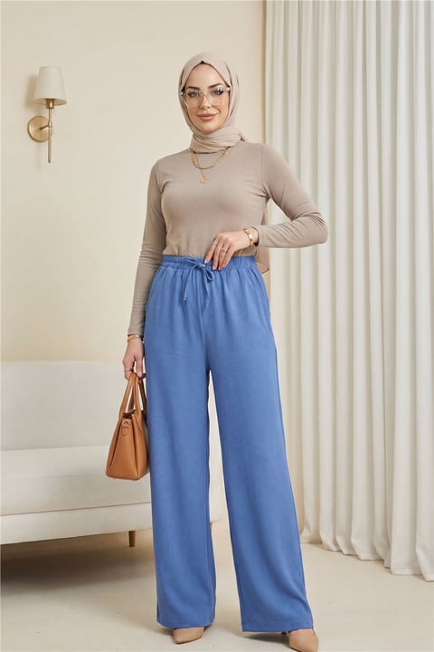 Beli Lastikli Bağcık Detaylı Cepli Bol Paça Tensel Pantolon -İndigo-Pantolon-307-2382-R21