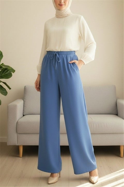 Beli Lastikli Bağcık Detaylı Cepli Bol Paça Tensel Pantolon -İndigo-Pantolon-307-2382-R21