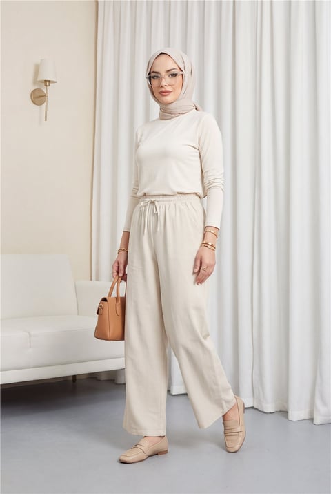 Beli Lastikli Bağcık Detaylı Cepli Bol Paça Tensel Pantolon -Taş-Pantolon-307-2382-R43
