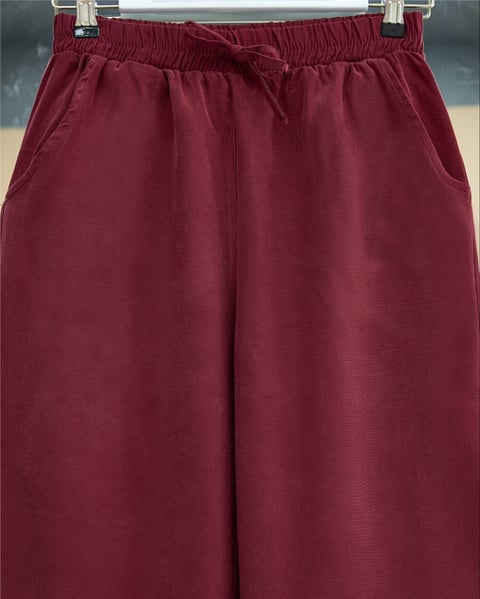 Beli Lastikli Bağcık Detaylı Cepli Bol Paça Tensel Pantolon -Bordo-Pantolon-307-2382-R04