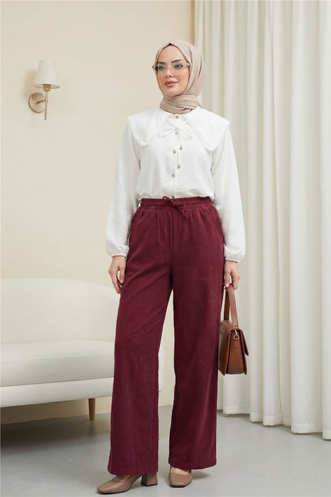 Beli Lastikli Bağcık Detaylı Cepli Bol Paça Tensel Pantolon -Bordo-Pantolon-307-2382-R04