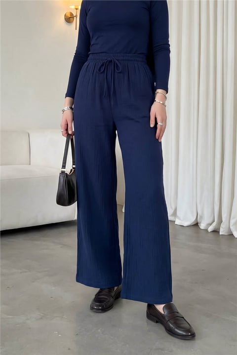 Beli Lastikli Bağcıklı Bol Paça Müslin Pantolon  -Laci-Pantolon-430-4010-R03