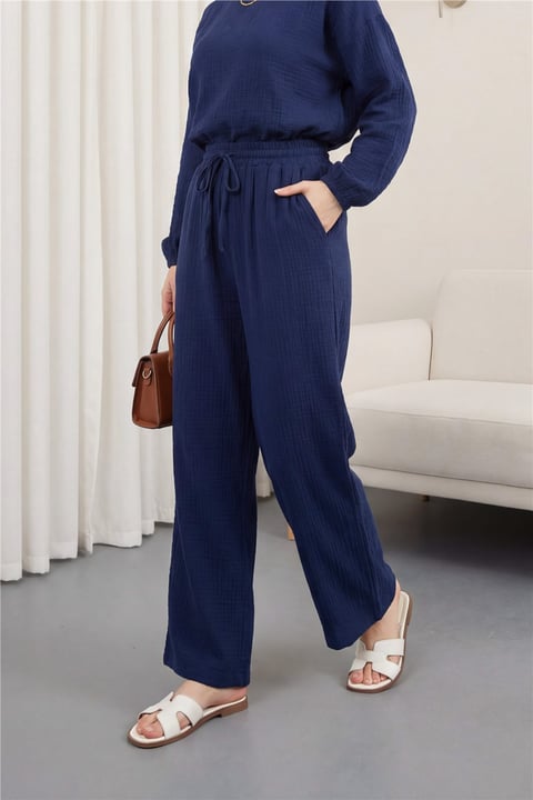 Beli Lastikli Bağcıklı Bol Paça Müslin Pantolon  -Laci-Pantolon-430-4010-R03
