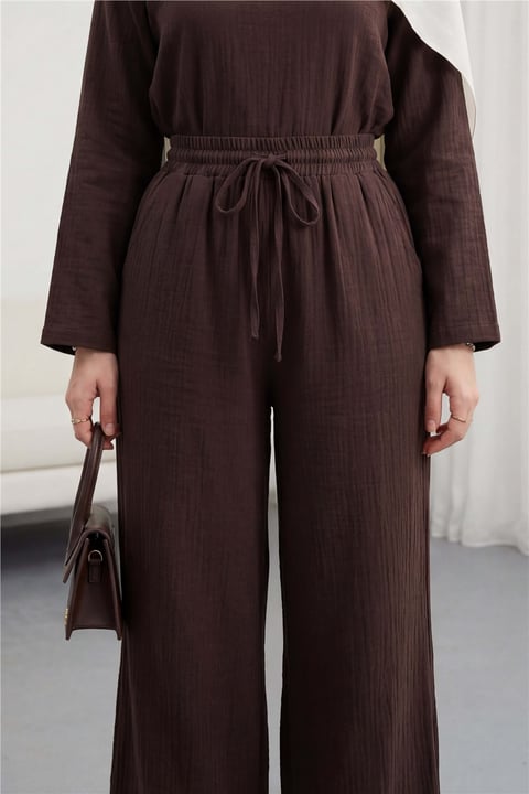 Beli Lastikli Bağcıklı Bol Paça Müslin Pantolon  -Kahve-Pantolon-430-4010-R15