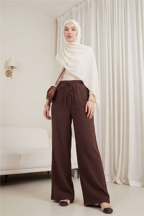 Beli Lastikli Bağcıklı Bol Paça Müslin Pantolon  -Kahve-Pantolon-430-4010-R15