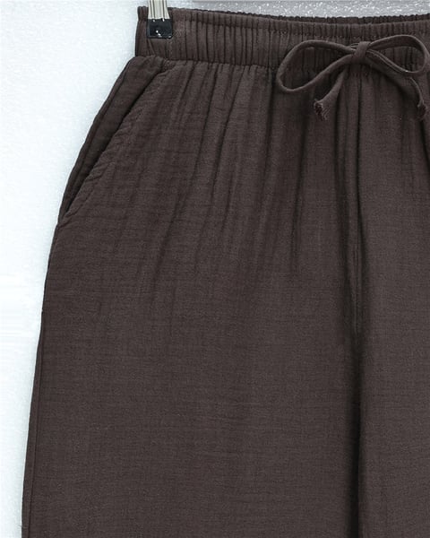 Beli Lastikli Bağcıklı Bol Paça Müslin Pantolon  -Kahve-Pantolon-430-4010-R15
