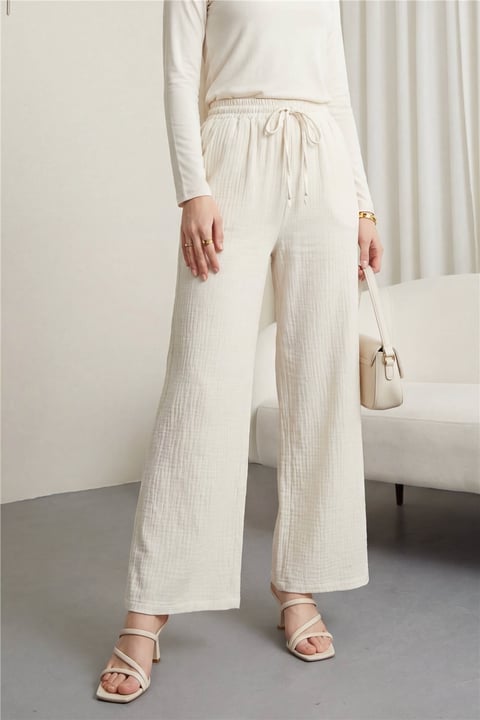 Beli Lastikli Bağcıklı Bol Paça Müslin Pantolon  -Ekru-Pantolon-430-4010-R07