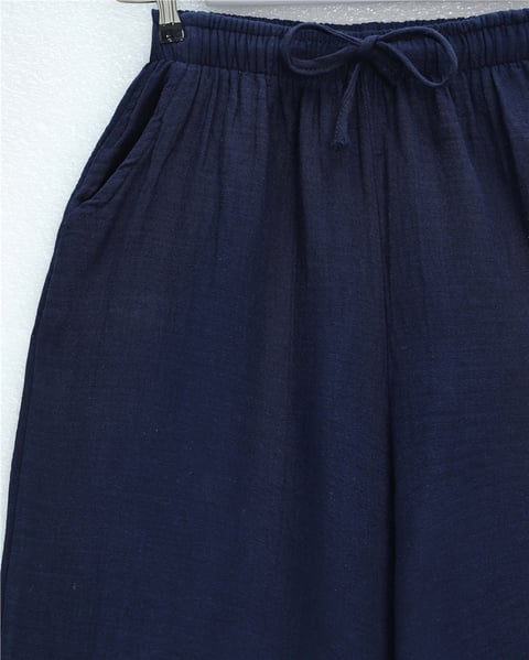 Beli Lastikli Bağcıklı Bol Paça Müslin Pantolon  -Laci-Pantolon-430-4010-R03