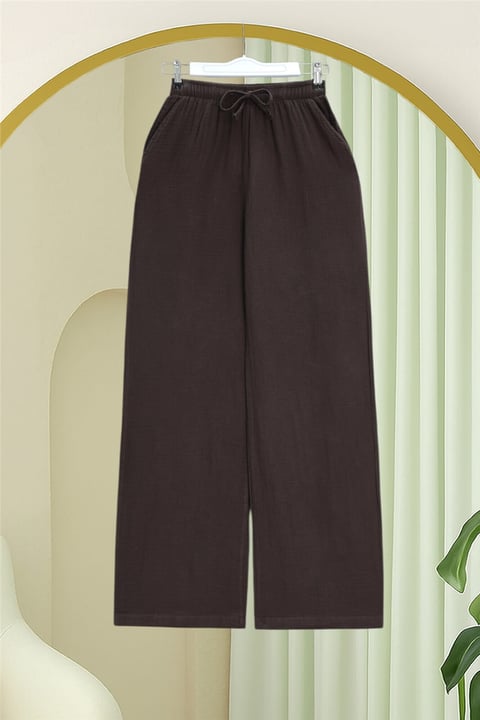 Beli Lastikli Bağcıklı Bol Paça Müslin Pantolon  -Kahve-Pantolon-430-4010-R15