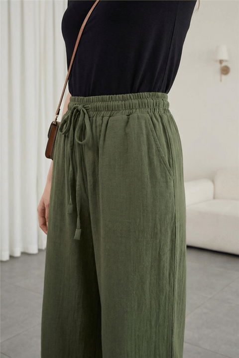 Beli Lastikli Bağcıklı Bol Paça Müslin Pantolon  -Haki-Pantolon-430-4010-R05