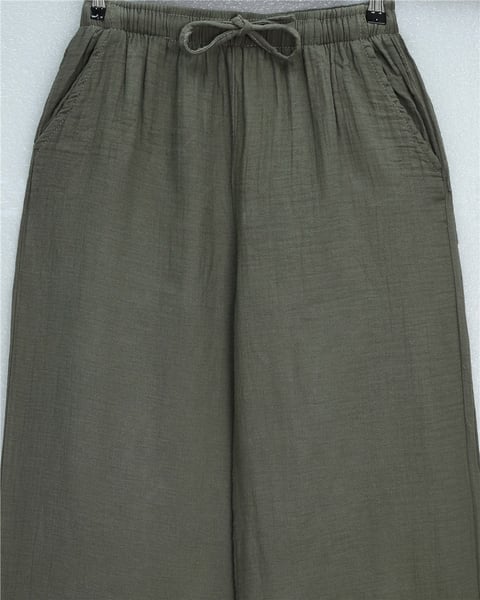 Beli Lastikli Bağcıklı Bol Paça Müslin Pantolon  -Haki-Pantolon-430-4010-R05