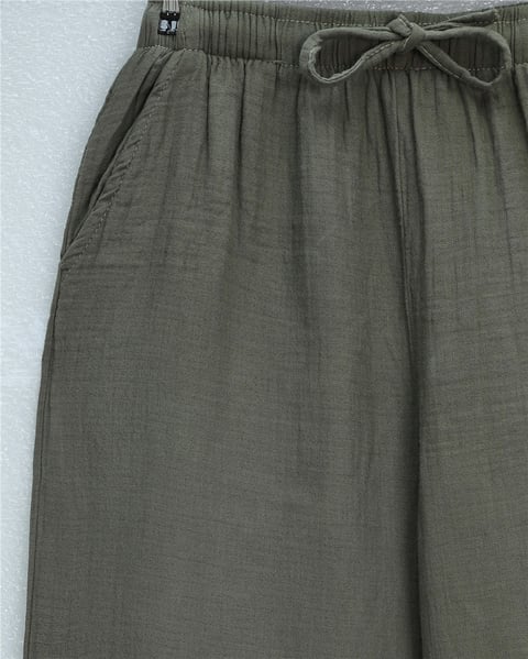 Beli Lastikli Bağcıklı Bol Paça Müslin Pantolon  -Haki-Pantolon-430-4010-R05