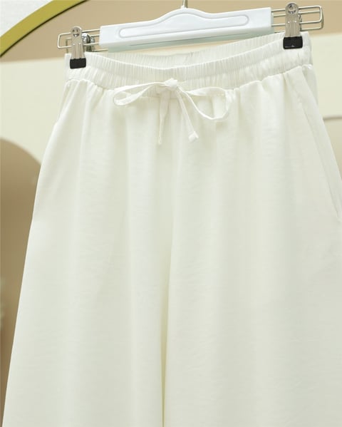 Beli Lastikli Bağcıklı Bol Paça Salaş Pantolon  -Ekru-Pantolon-338-20646-R07
