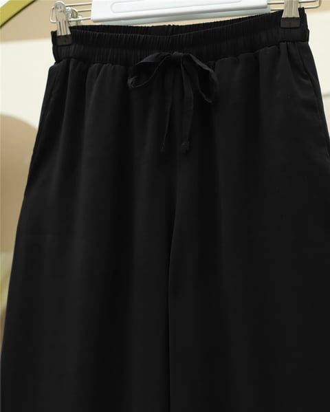 Beli Lastikli Bağcıklı Bol Paça Salaş Pantolon  -Siyah-Pantolon-338-20646-R01