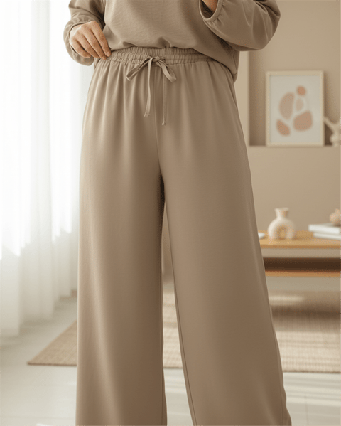 Beli Lastikli Bağcıklı Bol Paça Salaş Pantolon  -Vizon-Pantolon-338-20646-R23