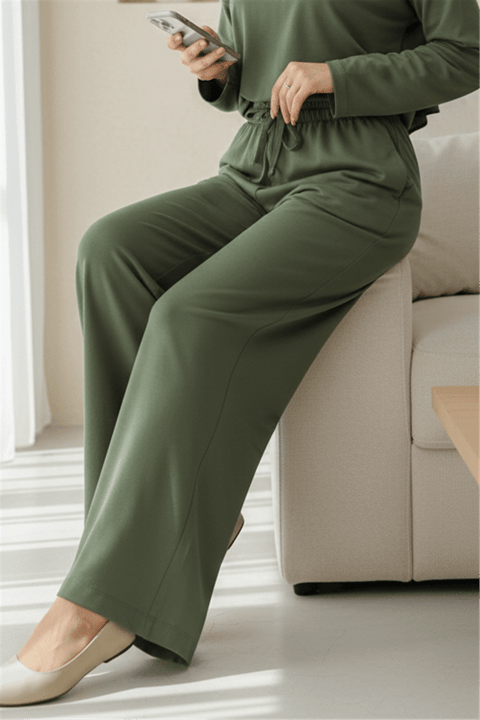 Beli Lastikli Bağcıklı Bol Paça Salaş Pantolon  -Haki-Pantolon-338-20646-R05
