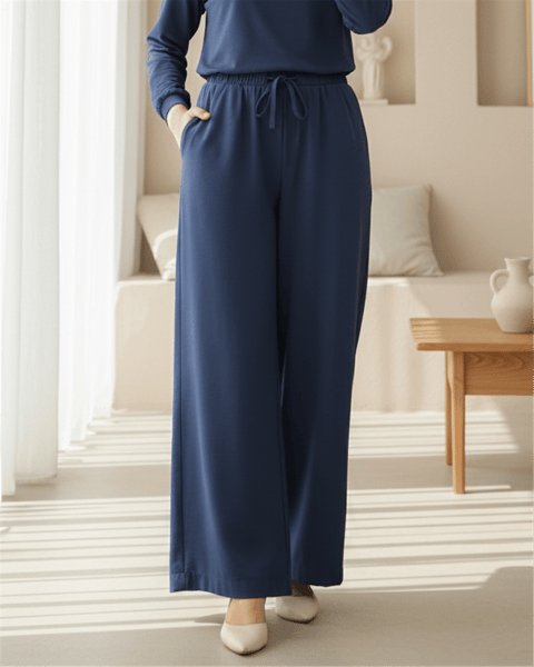 Beli Lastikli Bağcıklı Bol Paça Salaş Pantolon  -İndigo-Pantolon-338-20646-R21