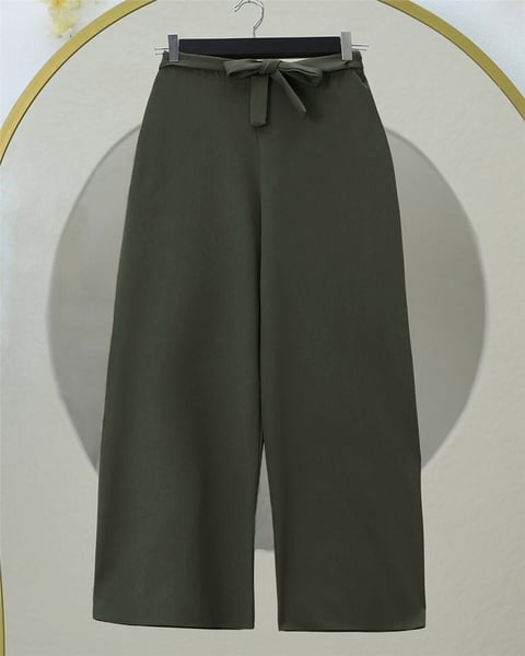 Beli Lastikli Bağlamalı  Bol Paça Pantolon  -Haki-Pantolon-326-9094-R05