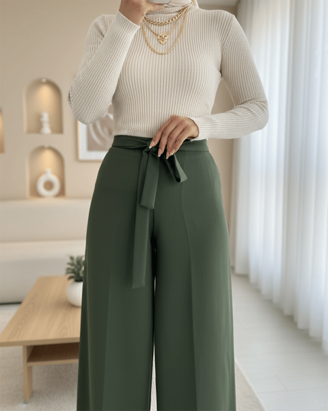 Beli Lastikli Bağlamalı  Bol Paça Pantolon  -Haki-Pantolon-326-9094-R05
