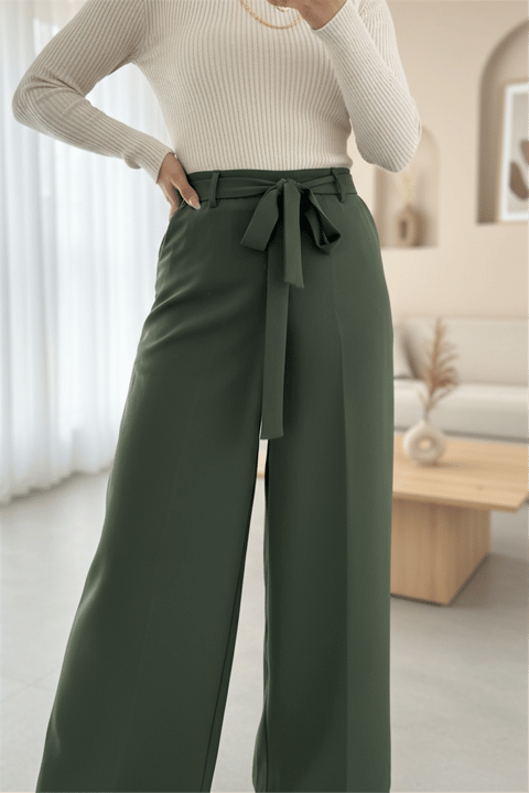 Beli Lastikli Bağlamalı  Bol Paça Pantolon  -Haki-Pantolon-326-9094-R05