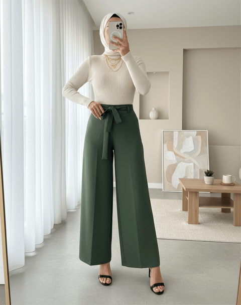 Beli Lastikli Bağlamalı  Bol Paça Pantolon  -Haki-Pantolon-326-9094-R05