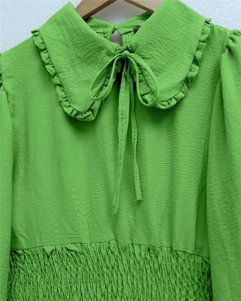 Beli Lastikli Bebe Yaka Uzun Kol Bluz  -Yeşil-Bluz-349-3032-R35