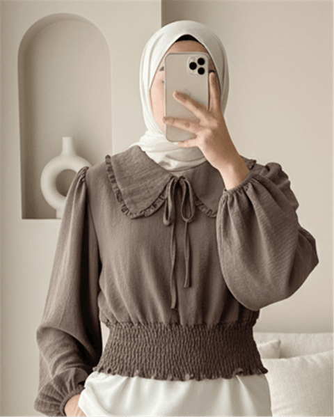 Beli Lastikli Bebe Yaka Uzun Kol Bluz  -Kahve-Bluz-349-3032-R15